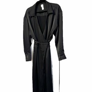 Black stretch satin wrap midi dress
